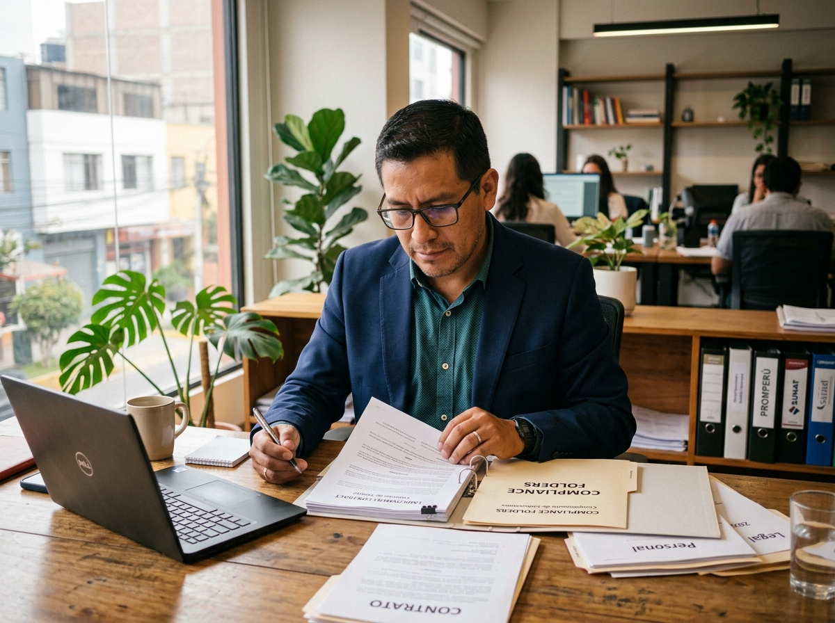 Empresario peruano revisando documentación laboral y contratos en su oficina